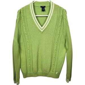 Izod Green & White Women’s Golf Cable Knit 100% Cotton V-Neck Sweater Size Large